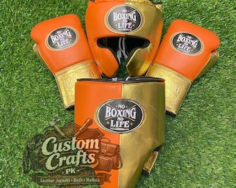 No Boxing Sparring Set Personalized Boxing Gloves, Head & Groin Guard Complete Kit Orange Golden