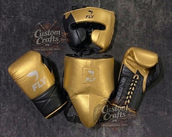 Set da sparring per fly boxing in vera pelle bovina: guantoni, caschetto, protezioni inguinali