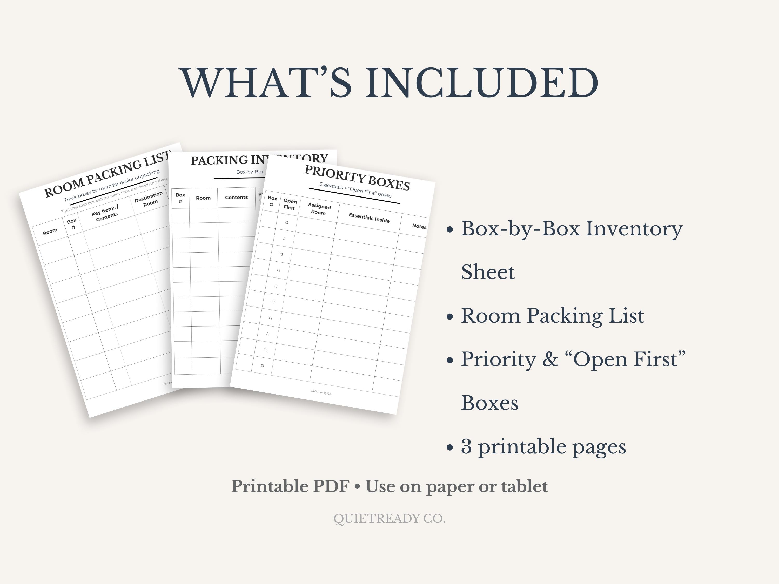 Packing Inventory Sheets | Moving Box Catalog | Room Packing List ...