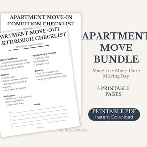 Op de afbeelding: Checklists voor het in- en uitchecken van appartementen. De bundel bevat een walkthrough checklist en een conditie checklist. De tekst bevat secties voor muren, keuken, badkamer en apparaten. De bundel bevat 6 afdrukbare pagina's.