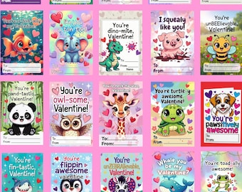 Lot de 20 cartes à imprimer pour enfants, animaux de la Saint-Valentin