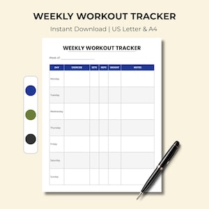 Weekly Workout Tracker Printable | Exercise Log | Fitness Planner | Gym Tracker | US Letter & A4 | Digital Download