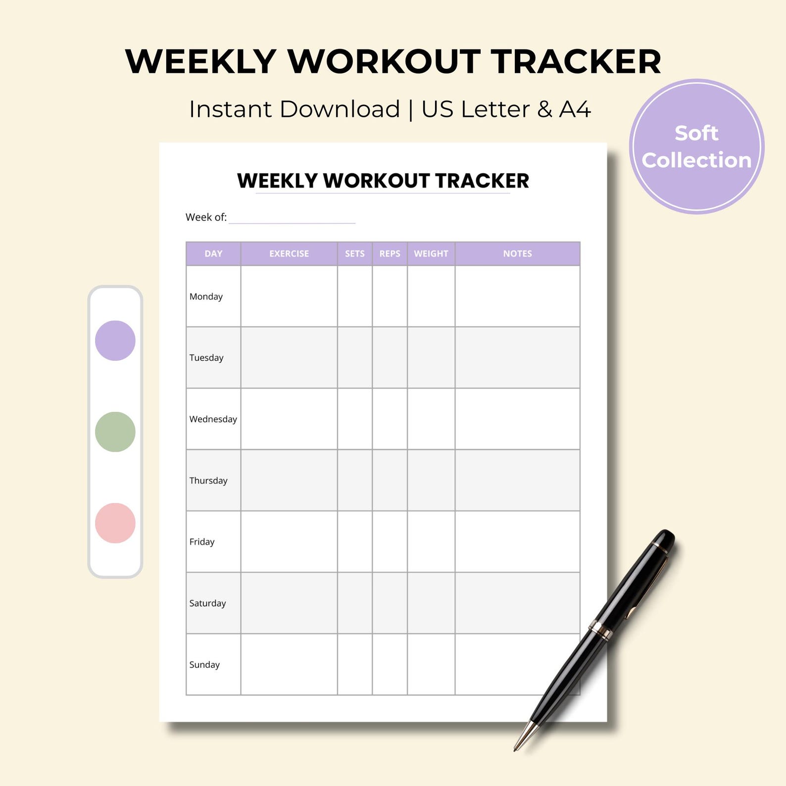 Weekly Workout Tracker Printable (soft Colors) | Exercise Log | Fitness ...