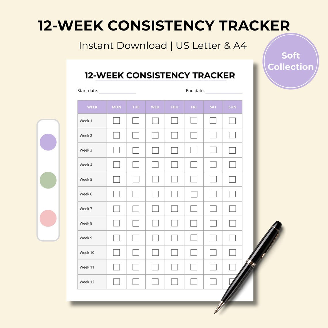 12-week Consistency Tracker Printable (soft Colors) | Habit Tracker ...