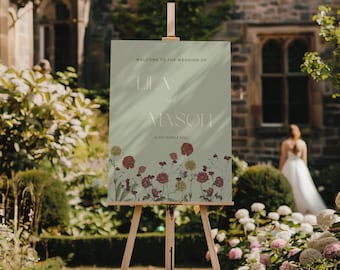 Letrero de bienvenida para boda con flores silvestres, diseño floral verde salvia, plantilla editable de Canva