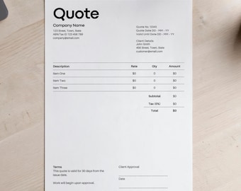 Plantilla de cotización minimalista de Canva: presupuesto empresarial editable e imprimible, formulario de cotización claro para clientes.