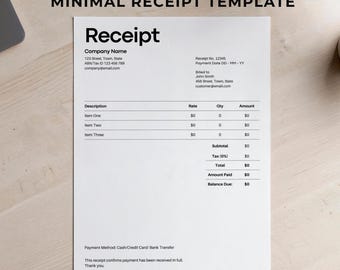 Plantilla de recibo minimalista para pequeñas empresas / Recibo de pago editable en Canva (Descarga instantánea)