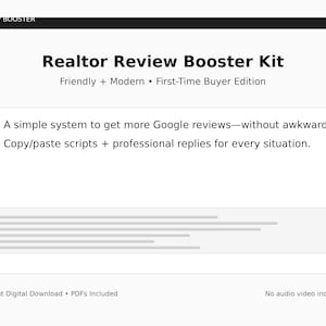 Puede incluir: Gráfico blanco con el texto "Realtor Review Booster Kit" y viñetas que describen el producto. El texto incluye "Friendly + Modern • First-Time Buyer Edition". El gráfico es una descarga digital.