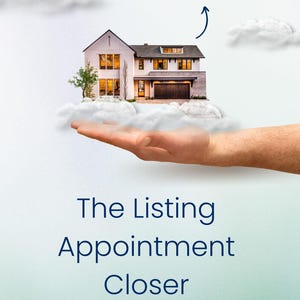 Könnte beinhalten: Illustration eines Hauses auf einer Wolke, gehalten in einer Hand, mit einem Pfeil nach oben. Der Text lautet "The Listing Appointment Closer by Yunfei Li". Das Haus ist weiß mit einem dunklen Dach und einer Garage.