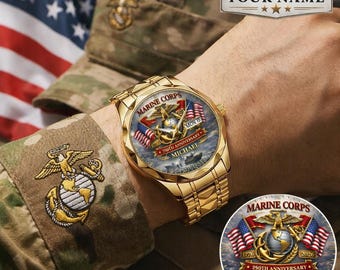 Personalized U.S. Marine Corps Watch 250th Anniversary – Custom Name Military Gift for Men, Veteran Gift, Patriotic Watch Gift