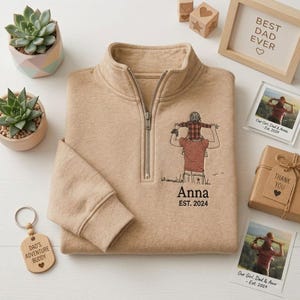 Embroidered Portrait Quarter Zip for Dad, Custom Line Art Photo Pullover, Papa Est 2024 Sweater, Personalized Gift for Husband