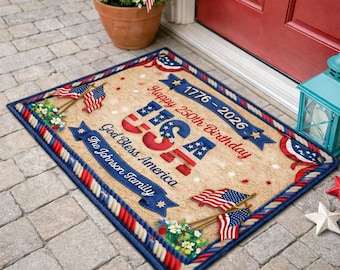 Felpudo personalizado con patrón de hilo sintético para el 250.º aniversario de EE. UU., estampado en 2D, con nombre familiar personalizado y decoración patriótica estadounidense.