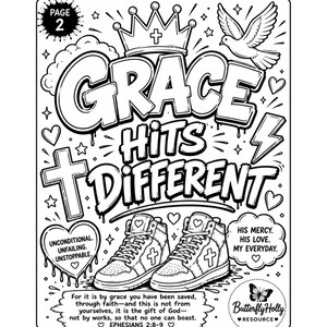 Puede incluir: P&aacute;gina para colorear en blanco y negro con las palabras "GRACE HITS DIFFERENT" en letras grandes. Incluye ilustraciones de una corona, una paloma, cruces, zapatillas deportivas y texto sobre la fe. La p&aacute;gina est&aacute; etiquetada como "P&Aacute;GINA 2".