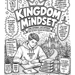 Puede incluir: P&aacute;gina para colorear en blanco y negro con las palabras "Kingdom Mindset" y texto inspirador relacionado. La imagen presenta a una persona escribiendo en un diario, rodeada de libros, una taza de caf&eacute; y una ilustraci&oacute;n de un castillo. La p&aacute;gina es de Butterfly Holly Resource.