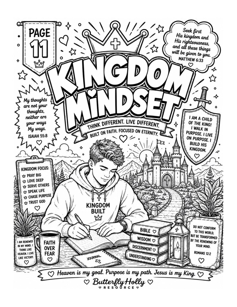 Puede incluir: P&aacute;gina para colorear en blanco y negro con las palabras "Kingdom Mindset" y texto inspirador relacionado. La imagen presenta a una persona escribiendo en un diario, rodeada de libros, una taza de caf&eacute; y una ilustraci&oacute;n de un castillo. La p&aacute;gina es de Butterfly Holly Resource.