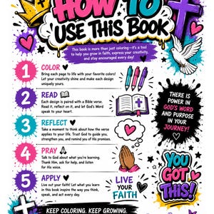 Puede incluir: Infograf&iacute;a colorida "C&Oacute;MO USAR ESTE LIBRO" con instrucciones para colorear, leer, reflexionar, orar y aplicar la fe. Incluye una corona, una cruz, una paloma y el texto "YOU GOT THIS!"