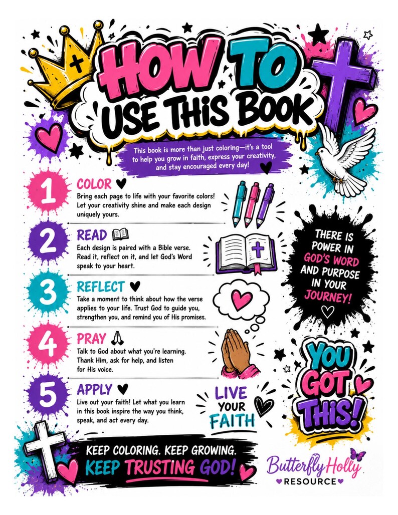 Puede incluir: Infograf&iacute;a colorida "C&Oacute;MO USAR ESTE LIBRO" con instrucciones para colorear, leer, reflexionar, orar y aplicar la fe. Incluye una corona, una cruz, una paloma y el texto "YOU GOT THIS!"