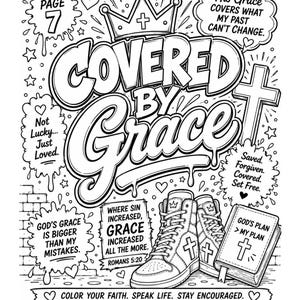 Puede incluir: Ilustraci&oacute;n en blanco y negro con las palabras "Covered by Grace". La imagen incluye una corona, cruces, zapatillas y burbujas de texto con citas inspiradoras. La frase "God's Plan > My Plan" es visible.