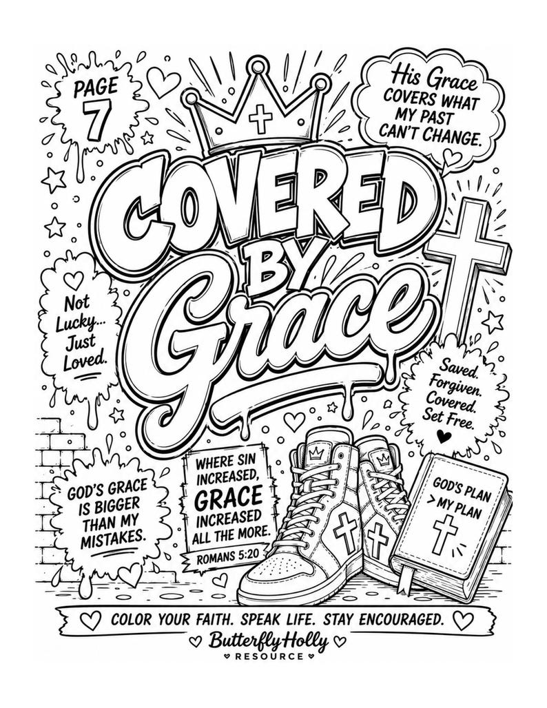 Puede incluir: Ilustraci&oacute;n en blanco y negro con las palabras "Covered by Grace". La imagen incluye una corona, cruces, zapatillas y burbujas de texto con citas inspiradoras. La frase "God's Plan > My Plan" es visible.