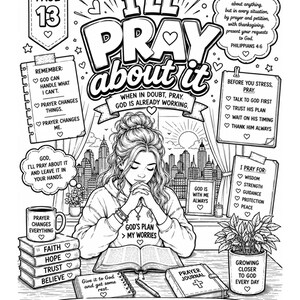 Puede incluir: Ilustraci&oacute;n en blanco y negro de una mujer rezando, rodeada de textos inspiradores y s&iacute;mbolos religiosos. La imagen incluye frases como &laquo;I'll Pray About It&raquo;, &laquo;God's Plan > My Worries&raquo; y &laquo;Prayer Journal&raquo;. Un paisaje urbano es visible en el fondo.