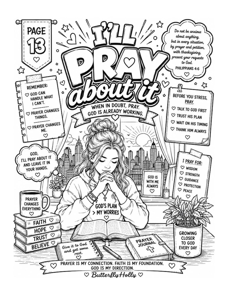 Puede incluir: Ilustraci&oacute;n en blanco y negro de una mujer rezando, rodeada de textos inspiradores y s&iacute;mbolos religiosos. La imagen incluye frases como &laquo;I'll Pray About It&raquo;, &laquo;God's Plan > My Worries&raquo; y &laquo;Prayer Journal&raquo;. Un paisaje urbano es visible en el fondo.