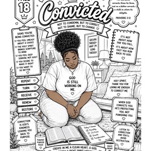 Puede incluir: Ilustraci&oacute;n en blanco y negro de una mujer arrodillada, con el texto &laquo;Convicted&raquo;. La imagen incluye citas y frases inspiradoras, como &laquo;Dios todav&iacute;a est&aacute; trabajando en m&iacute;&raquo;. La obra de arte est&aacute; dise&ntilde;ada para colorear.