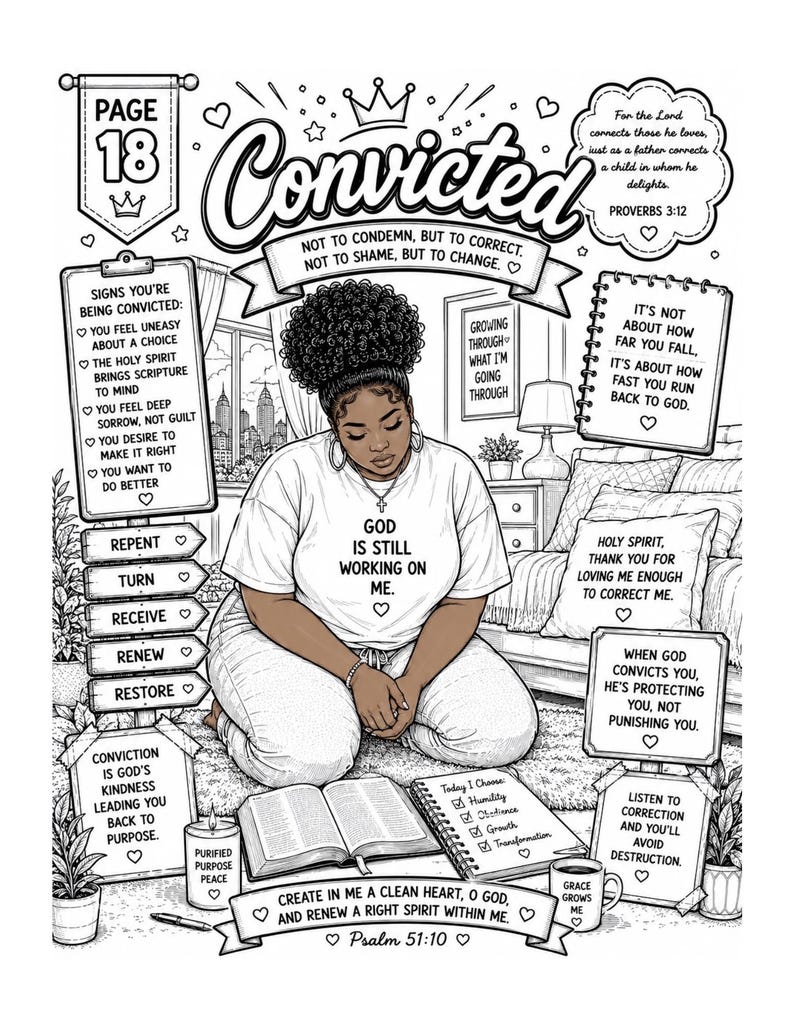 Puede incluir: Ilustraci&oacute;n en blanco y negro de una mujer arrodillada, con el texto &laquo;Convicted&raquo;. La imagen incluye citas y frases inspiradoras, como &laquo;Dios todav&iacute;a est&aacute; trabajando en m&iacute;&raquo;. La obra de arte est&aacute; dise&ntilde;ada para colorear.