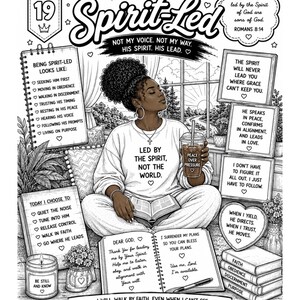 Puede incluir: Ilustraci&oacute;n en blanco y negro de una mujer leyendo, rodeada de textos y citas inspiradoras. Lleva una sudadera con la frase "Led by the Spirit, Not the World". Sostiene una taza de caf&eacute; con "Peace Over Pressure".