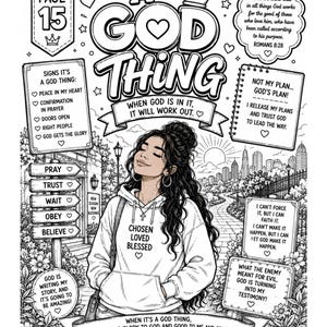 Puede incluir: Ilustraci&oacute;n en blanco y negro con el texto "A God Thing" y una mujer con una sudadera con capucha con las palabras "Chosen, Loved, Blessed". La imagen incluye citas inspiradoras y vers&iacute;culos b&iacute;blicos. Es una p&aacute;gina para colorear.