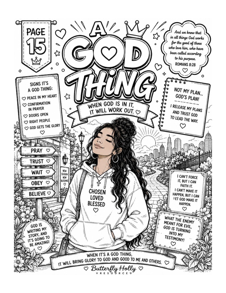 Puede incluir: Ilustraci&oacute;n en blanco y negro con el texto "A God Thing" y una mujer con una sudadera con capucha con las palabras "Chosen, Loved, Blessed". La imagen incluye citas inspiradoras y vers&iacute;culos b&iacute;blicos. Es una p&aacute;gina para colorear.