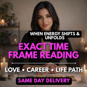 May include: An image featuring a woman with long dark hair, with text that reads "WHEN ENERGY SHIFTS & UNFOLDS EXACT TIME FRAME READING LOVE CAREER LIFE PATH SAME DAY DELIVERY". The image has a soft, warm color palette.
