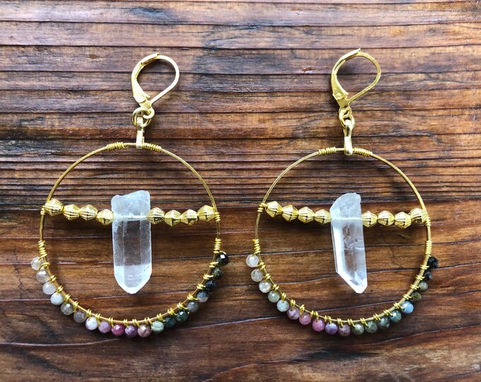 Tourmaline & Crystal Quartz Wire Wrapped Earrings - Gift Boxes