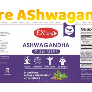 Może przedstawiać: Etykieta produktu dla Ashwagandha Gummies, z nazwą marki "Exione" i tekstem "Pure Ashwagandha". Etykieta podkreśla kluczowe cechy, takie jak "Relax, Restore, Unwind" i "Mixed Berry Dietary Supplement". Produkt jest wegański i bezglutenowy.