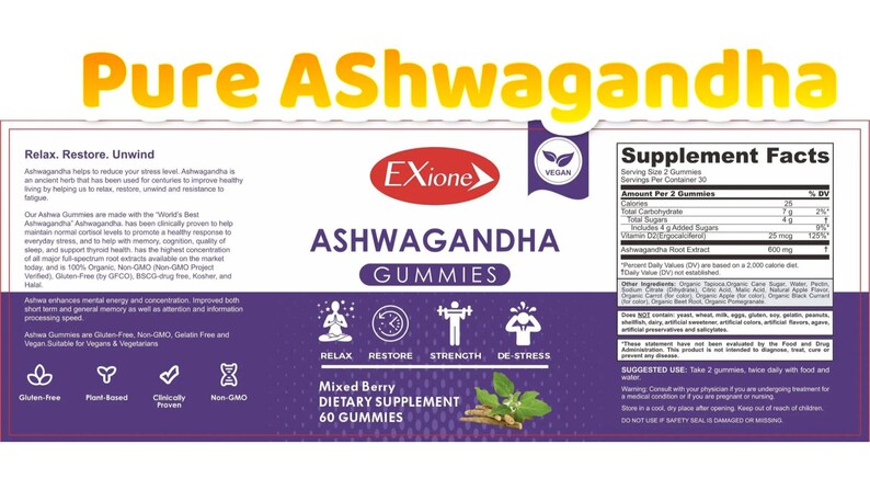 Może przedstawiać: Etykieta produktu dla Ashwagandha Gummies, z nazwą marki "Exione" i tekstem "Pure Ashwagandha". Etykieta podkreśla kluczowe cechy, takie jak "Relax, Restore, Unwind" i "Mixed Berry Dietary Supplement". Produkt jest wegański i bezglutenowy.