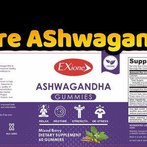 Może przedstawiać: Pudełko suplementu diety "Pure Ashwagandha" z marką "Exione" i "Ashwagandha Gummies". Etykieta promuje "Relax, Restore, Unwind" i zawiera sekcję "Supplement Facts". Suplement diety z mieszanych jag&oacute;d.