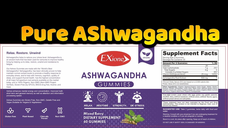 Może przedstawiać: Pudełko suplementu diety "Pure Ashwagandha" z marką "Exione" i "Ashwagandha Gummies". Etykieta promuje "Relax, Restore, Unwind" i zawiera sekcję "Supplement Facts". Suplement diety z mieszanych jag&oacute;d.