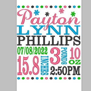 May include: Pink, blue, green, and black embroidered text on a white background. The text reads "Payton LYNN PHILLIPS 07/08/2022 3 pounds 10 oz 15.8 inches 2:50PM".