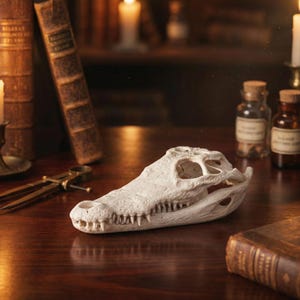 May include: An off-white alligator skull with visible teeth, placed on a dark wooden surface. The skull is the central object, with antique books, candles, and apothecary jars in the background, creating a vintage, gothic aesthetic.