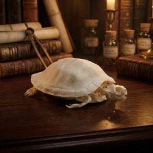 May include: An off-white turtle skeleton is displayed on a dark wooden surface. The shell and skeletal structure are visible. The background features antique books, scrolls, and apothecary jars, creating a vintage aesthetic.