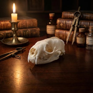 May include: A detailed still life featuring a cream-colored animal skull with visible teeth, resting on a dark wooden surface. A lit candle in a brass holder, antique books, and apothecary bottles create a vintage aesthetic. A pair of compasses is also visible.