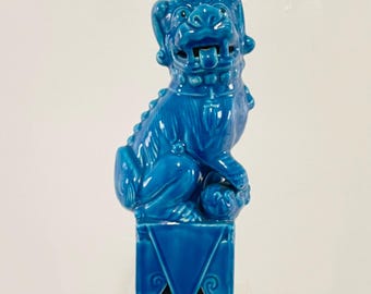 Vintage 1960s Foo Dog Lion Asian Modern Temple Blue Ceramic Glazed Statue Made in Japan 9"