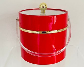 Vintage 1970s MID Century Modern Georges Briard Red Vinyl Acrylic Barware Ice Bucket