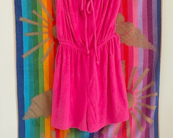 Vintage 1980s Retro Pool Beach Swim Terry Cloth Romper Shorts Hot Pink Sears Tropical Escape SZ M