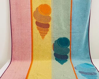Vintage 1970s Beach Towel Rainbow Striped Color Seashells Shells Coast by Seven Seas