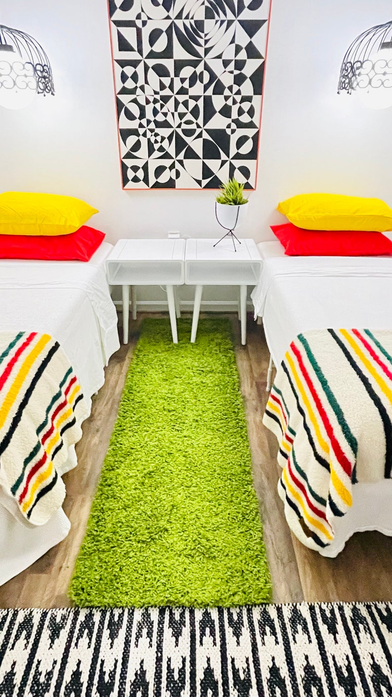 May include: Two twin beds with white bedding and colorful striped blankets. The beds are in a room with white walls and a geometric black and white artwork hanging on the wall. There is a green shag rug on the floor between the beds.