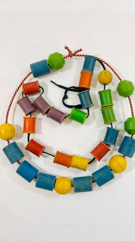 Vintage 1960s Kitsch Wooden Toy Spool Bead String - 2 Sets