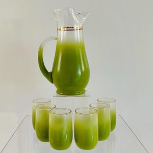Vintage 1970s MOD MCM Green Frosted Blendo Art Glass Juice Pitcher Drink Glasses Set