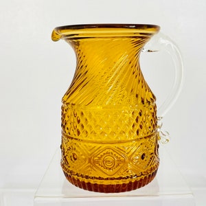 Vintage 1960s Amber Gold Art Glass Mini Pitcher Clear Handle Ewer Vase Creamer Decor