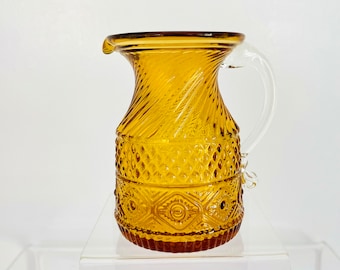 Vintage 1960s Amber Gold Art Glass Mini Pitcher Clear Handle Ewer Vase Creamer Decor