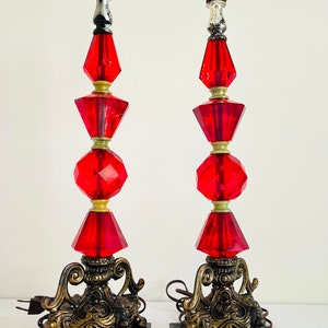 Vintage 1960s MID Century Modern Ruby Red Acrylic Jewel Prism Marble Base Ornate Cast Iron Pair of Table Lamps (no shades, lamp bases only)